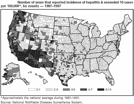 Image: Number of years that reported incidence of hepatitis A exceeded 10 cases per 100,000*, by county - 1987-1997. * Approximately the national average during 1987-1997. Source: National Notifiable Diseases Surveillance System.