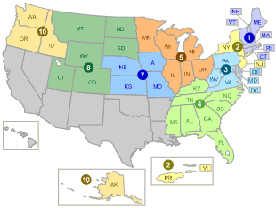 Map of the US, split into EPA regions