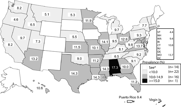 Figure L. Chlamydia - Prevalence among 16- to 24-year-old women entering the National Job Training Program by state of residence: United States and outlying areas, 2004