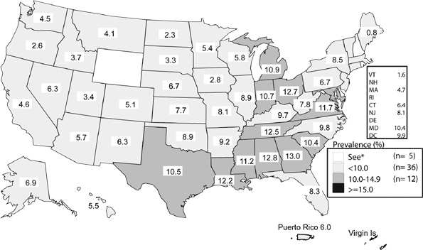 Figure M. Chlamydia - Prevalence among 16- to 24-year-old men entering the National Job Training Program by state of residence: United States and outlying areas, 2004