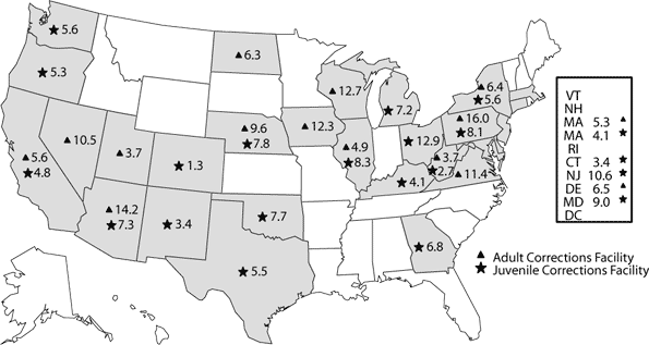 Figure KK. Chlamydia — Positivity in men entering juvenile and adult corrections facilities, 2003