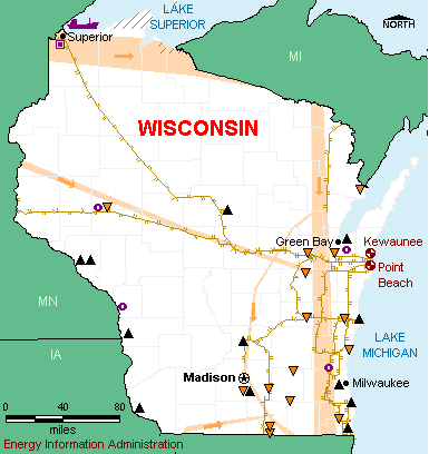 Wisconsin Energy Map - If you are unable to view this image contact the National Energy Information Center at 202-586-8800 for assistance