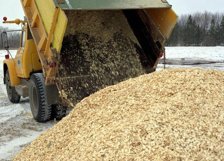 Hybrid poplar wood chips being unloaded in Crookston, Minnesota.