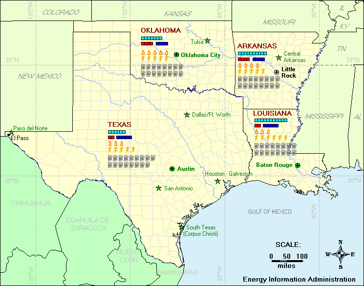 This Residential Energy Map of the West South Central U.S. Census Division displays household consumption of natural gas, fuel oil, electricity, and motor gasoline, as well as weather indicators (heating and cooling degree-days and precipitation) for Arkansas, Louisiana, Oklahoma, and Texas. If you have trouble reading this map, please call 1-202-586-8800.