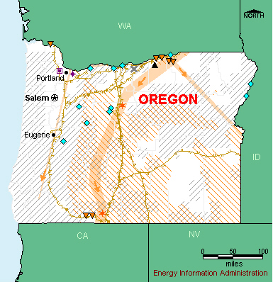 Oregon Energy Map - If you are unable to view this image contact the National Energy Information Center at 202-586-8800 for assistance