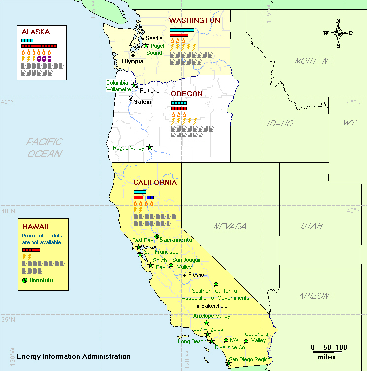 This Residential Energy Map of the Pacific U.S. Census Division displays household consumption of natural gas, fuel oil, electricity, and motor gasoline, as well as weather indicators (heating and cooling degree-days and precipitation) for Alaska, California, Hawaii, Oregon, and Washington. If you have trouble reading this map, please call 1-202-586-8800.