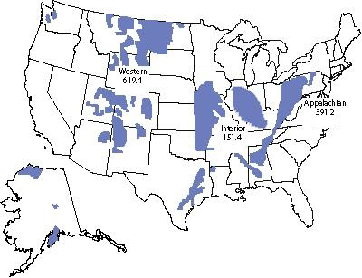 Map of the three coal producing regions: Appalachian with 391.2 million short tons, Interior with 151.4 million short tons, and Western with 610.4 million short tons, Total 1162.8 million short tons.