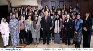 President George W. Bush meets with participants of the U.S. Middle East Partnership Initiative Thursday, Oct. 23, 2008, in the Eisenhower Executive Office Building. The participants include approximately 50 women political leaders from the Mideast and North Africa, who are given the opportunity to learn from our country's experience in electoral campaigning and affords them a chance to witness local and Presidential elections up close.  White House photo by Eric Draper