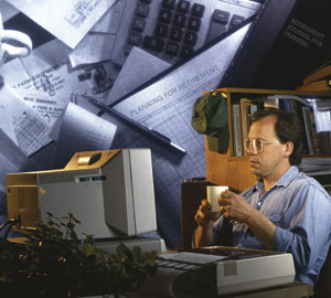 Photo Collage: man at computer, accounting book, calculator