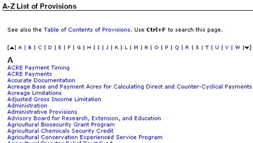 screen shot of a-to-Z provisions list