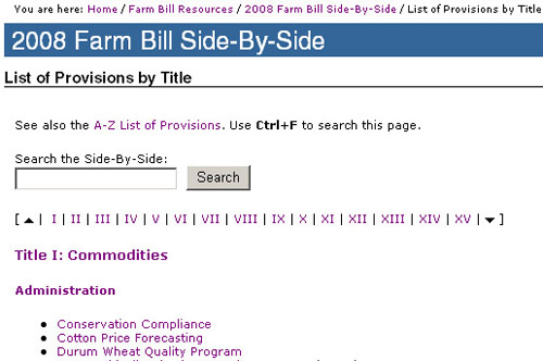 screen shot of List of Provisions by Title page