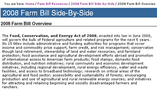 screen shot of 2008 Farm Bill Overview page