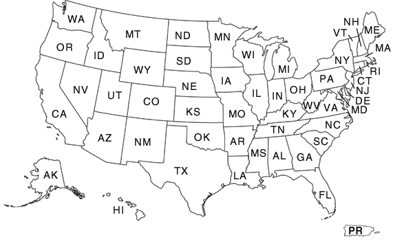 Image map showing the entire United States.  Each state links to its specific state landing page.