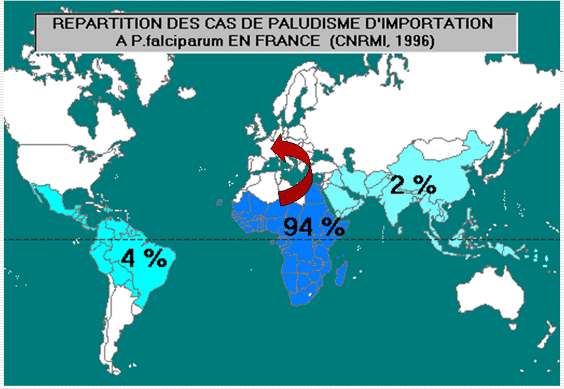 World map showing Imported malaria in France