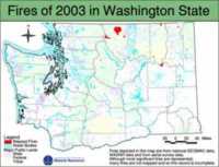 Map of Washington showing location of major forest fires in 2003