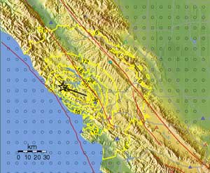 Shakemap of the San Simeon Earthquake, CA, December 22, 2003