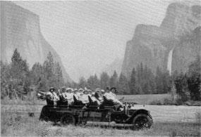 Early Motor Bus traveling through Yosemite Valley.