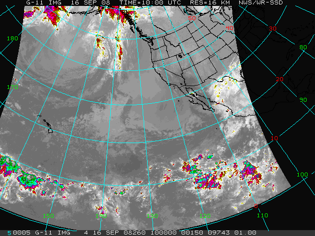 16 KM infrared satellite imagery centered on Eastern Pacific