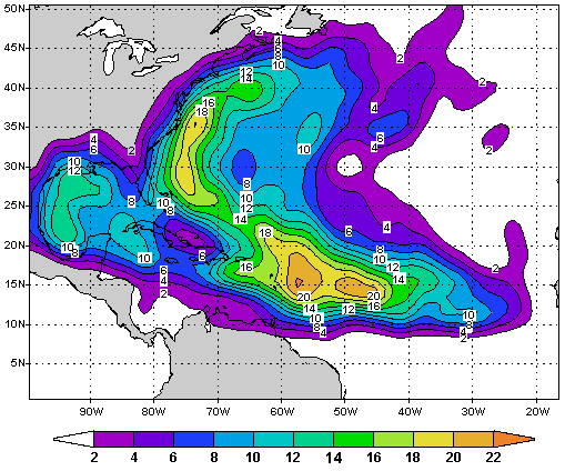 The chance (percentage) of a named tropical cyclone in August