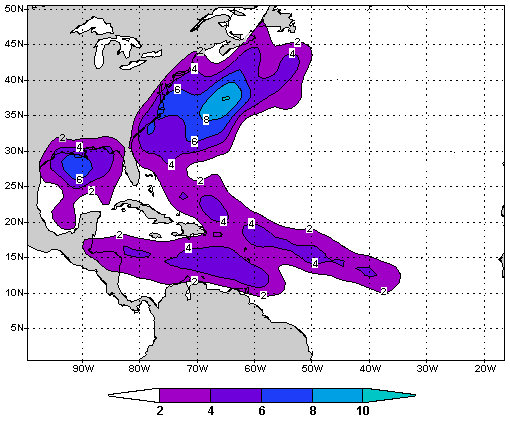 The chance (percentage) of a named tropical cyclone in July