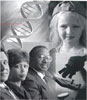 image of a dna strand, microscope, and various people