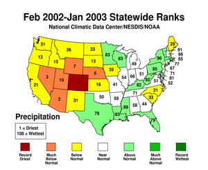Click here for map showing statewide precipitation ranks, February 2002-January 2003