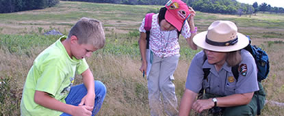 Children and ranger examing a plant in Big Meadows.