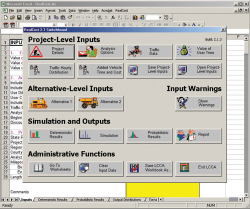 Figure 6. The RealCost Switchboard. The RealCost Switchboard. The Switchboard main menu form, which is superimposed on a RealCost Excel worksheet, shows the 19 submenu buttons in five sections: (1) Project-Level Inputs: Project Details, Analysis Options, Traffic Data, Value of User Time, Traffic Hourly Distribution, Added Vehicle Time and Cost, Save Project-Level Inputs, and Open Project-Level Inputs; (2) Alternative-Level Inputs: Alternative 1 and Alternative 2; (3) Input Warnings: Show Warnings; (4) Simulation and Outputs: Deterministic Results, Simulation, Probabilistic Results, Report; (5) Administrative Functions: Go to Worksheets, Clear Input Data, Save LCCA Workbook As..., Exit LCCA.