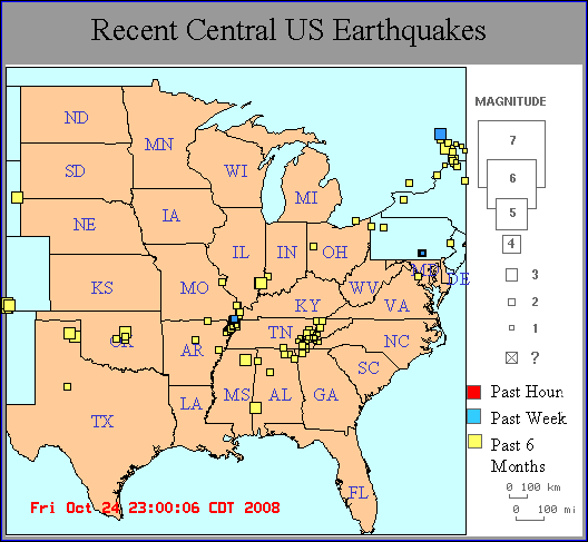 Due to heavy traffic, the map of Recent Earthquakes in the Central U.S. may not be available