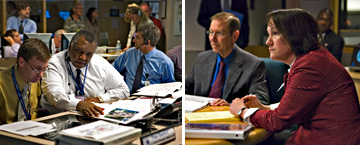 NRC Commissioner Kristine L. Svinicki (far R), Assist. Exec. Director Marty Virgilio (2nd from R) and staff (L) recently participated in an emergency exercise at the agency's Headquarters Operations Center in Rockville, Md. Each year NRC tests its response to incidents in 4 full-scale exercises with licensed facilities.