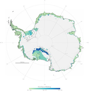 A map of Antarctica indicates first time persistent melting detected within the study period from 1987 through 2006.