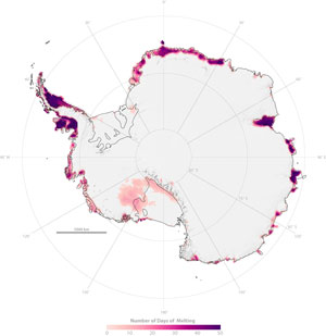 Satellite imagery shows the number of Antarctic melting days for the 2004 through 2005 season.