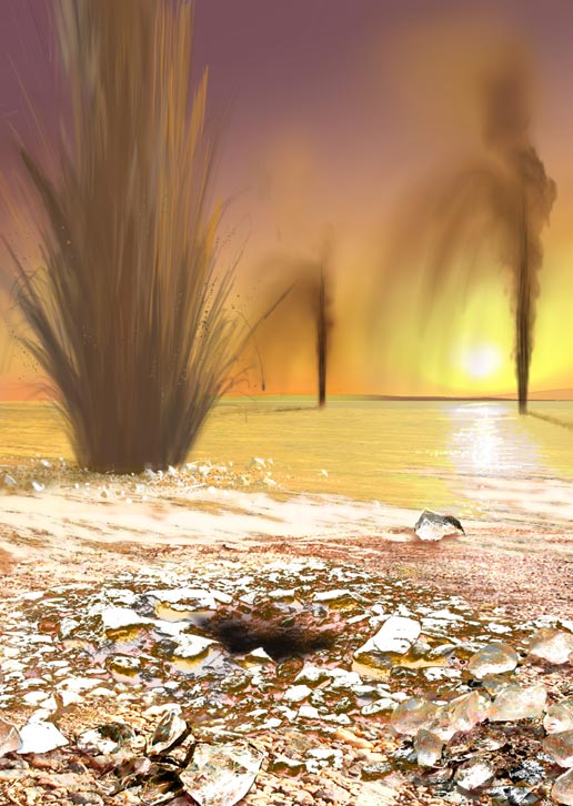 Artist concept showing sand-laden jets shooting into the Martian polar sky