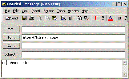Screenshot of an Email message sent to listserv@listserv.ihs.go with text of unsubscribe test