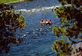 [Photograph]: Three people in one raft on Green River below Flaming Gorge Dam.