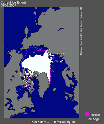 Image of Arctic showing sea ice extent in white and pink line, which is the long-term average sea ice extent