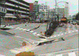 Sinking street above collapsed subway station