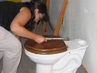 interactive image:  Boss takes on a dirty job of yanking out the toilet exhibit; click for larger photo