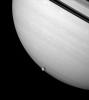 Rhea brushes the stormy face of Saturn, an airless ice orb against the feathery bands of a gas giant