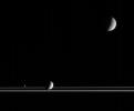 The three very different moons seen here provide targets of great interest for planetary scientists studying the Saturn system. Captured here by Cassini, along with the rings, are Tethys at upper right, Enceladus below center and Janus at lower left