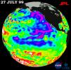TOPEX/El Niño Watch - Pacific ocean conditions are split: cold in east, hot in west, July 27, 1999