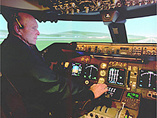 NASA research pilot Gordon Fullerton checked out how the PCA software worked in the multi-engine simulator at NASA Ames before fight-testing PCA in an MD-11.