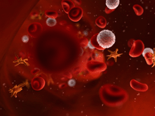an artist's rendering of cells streaming through a blood vessel