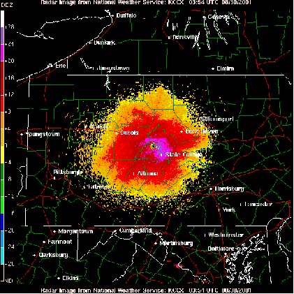 Bird Migration Image on NEXRAD Weather Radar During Clear Weather (Intense image near center of radar station is due to ground clutter, reflections further out are migrating birds)