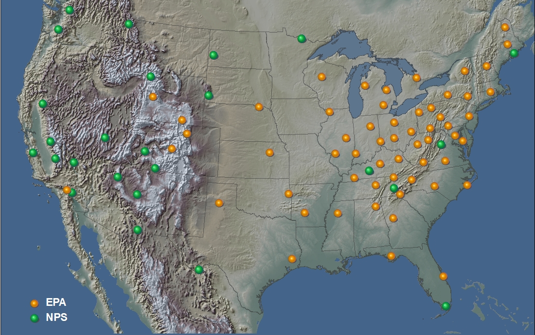 Map of the US with markers for monitoring sites.  Click on markers for site information.
