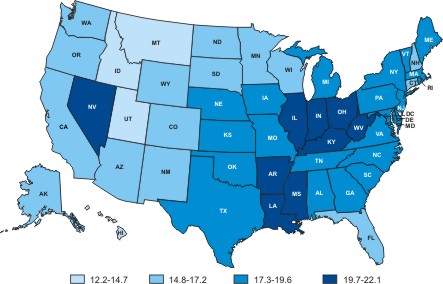 Map of the United States showing colorectal cancer death rates by state in 2004.