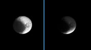 Darkness sweeps over Iapetus as the Cassini spacecraft watches the shadow of Saturn's B ring engulf the dichotomous moon. The image at left shows the unshaded moon, while at right, Iapetus sits in the shadow of the densest of Saturn's rings