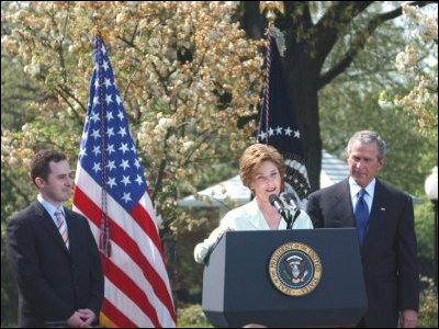 First Lady Laura Bush addresses the audience of a White House ceremony for the 2005 National and State Teachers of the Year.