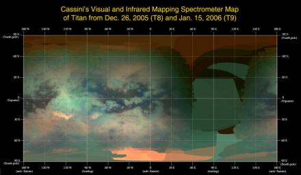 This global infrared map of Titan was composed with data from Cassini's 
visual and infrared mapping spectrometer taken during the last two Titan 
flybys