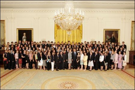 President Bush and Secretary Spellings stand with the 2005 Presidential Scholars in the East Room. Chosen from more than 2,700 high school candidates, 141 scholars are honored for their accomplishments in academics and the arts.  White House photo by Krisanne Johnson